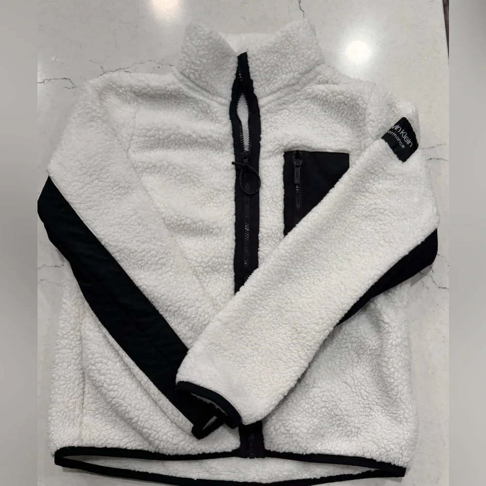 Calvin Klein Performance Teddy Jacket White & Black Zip Up Size Small